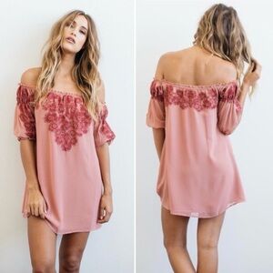 For Love & Lemons Sicily‎ Pink Rosette Off the Shoulder Mini Dress in Sangria